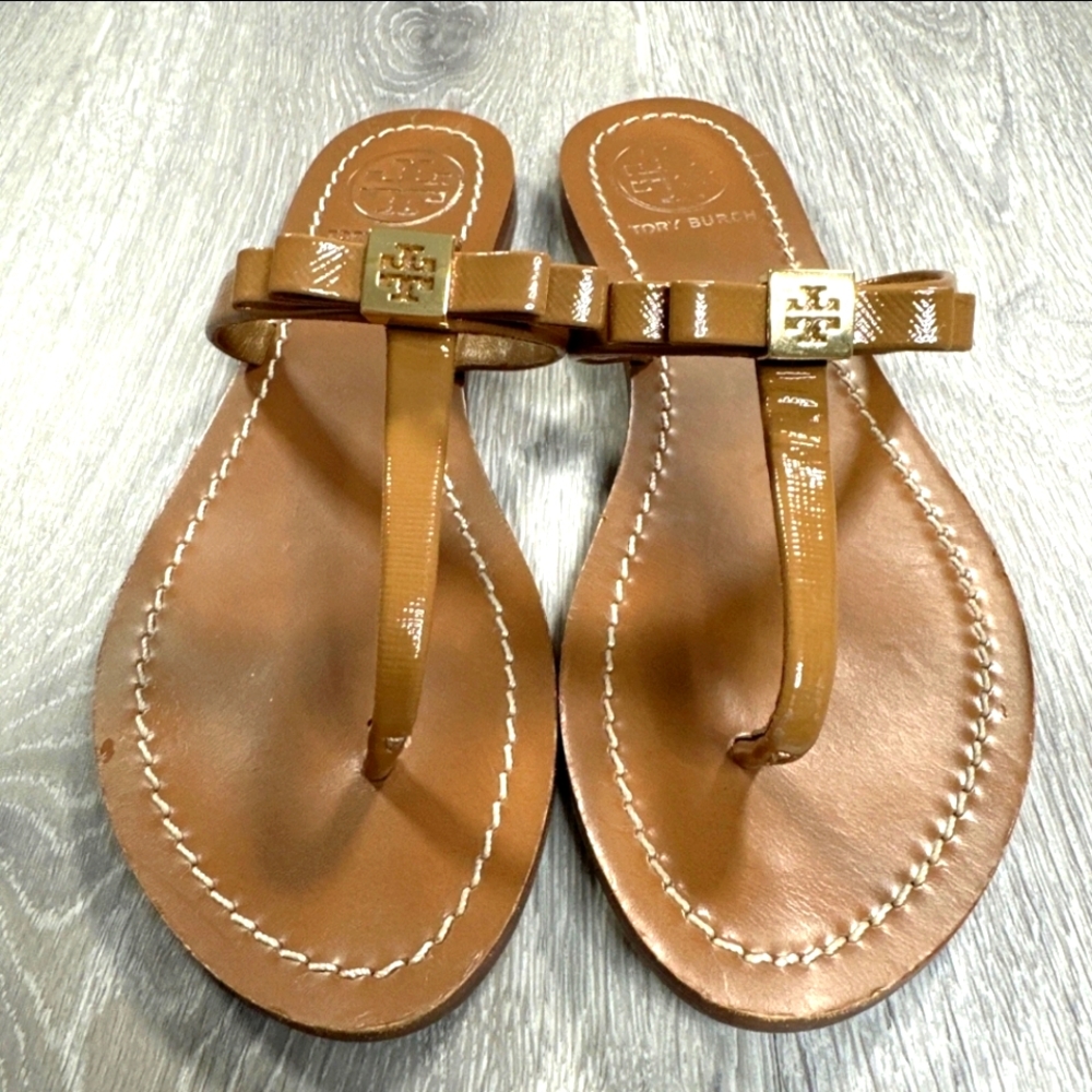 Tory Burch Leighanne Tan Leather Bow Flat Thong Sandal Flip Flop 9